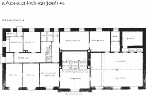 Plan af stueetagen efter ombygningen i 1919-20. Der er siden foretaget enkelte mindre ændringer.