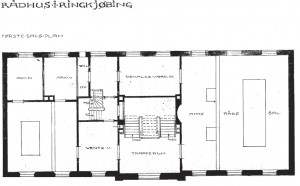 Plan af overetagen efter ombygningen i 1919-20. Det ubenævnte rum er byrådssalen.