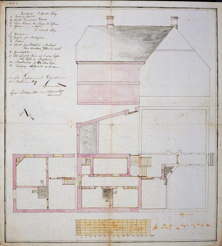 Tegning til den projekterede udvidelse 1819. De farvelagte bygningsdele angiver udvidelsen.