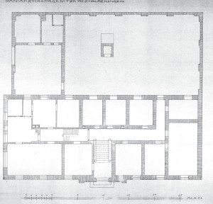 Plan af stueetagen før ombygningen i 1919-20.